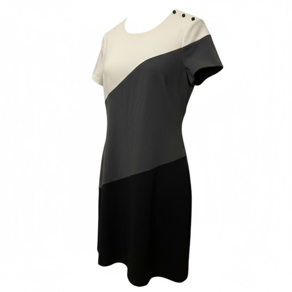 DKNY Sheath Dress Colorblock Short Sleeve Cream Grey Black Womens‎ Size 14